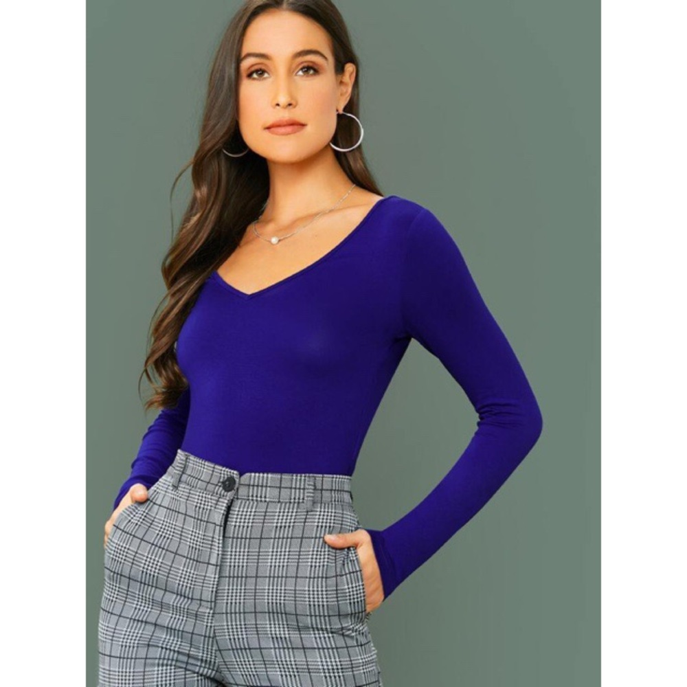 Solid Blue V Neck Long Sleeve Top S